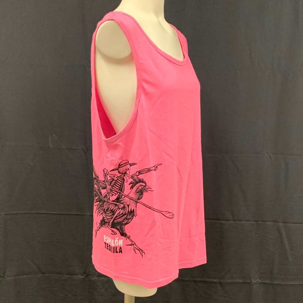 New! Pink tank top with side print of Skeleton on rooster espolon tequila medium